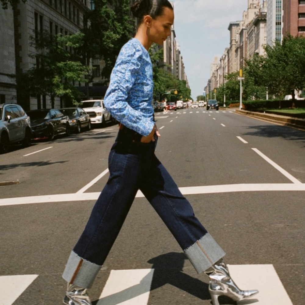 Zara Long Sleeve Gathered Detail Blue Blouse Top